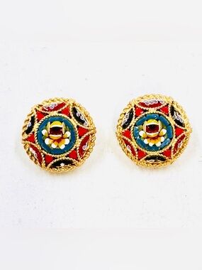 Vintage Gold-Tone Multicolor Micro Mosaic Button Clip On Earrings .75” Round